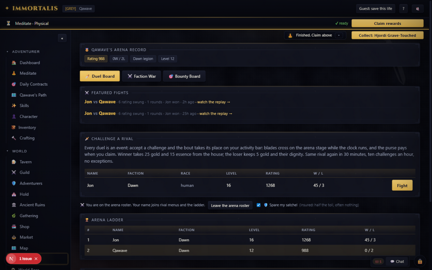 The arena: the duel board, featured fights, the ratings ladder and the insurance toggle