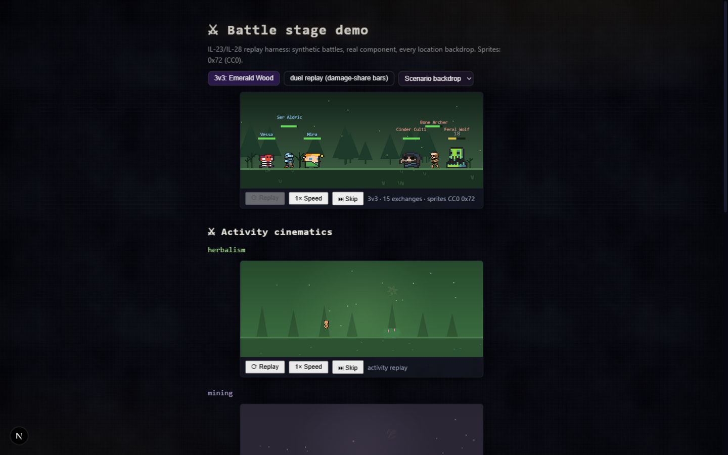 A battle playing on the canvas stage, with an activity cinematic staged below it