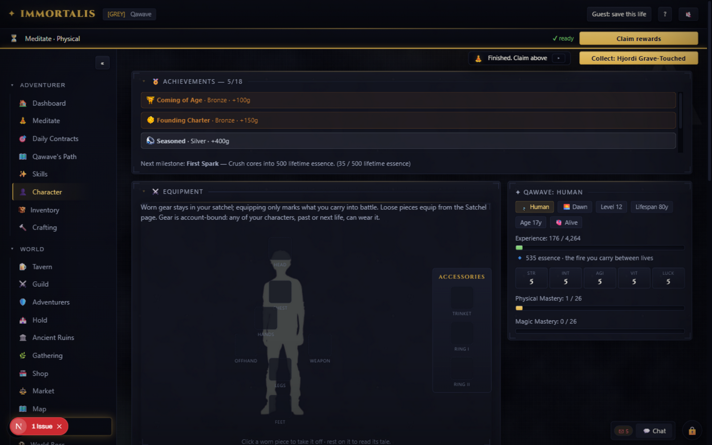 The character sheet: equipment paper doll, stats, essence wallet and achievement badges