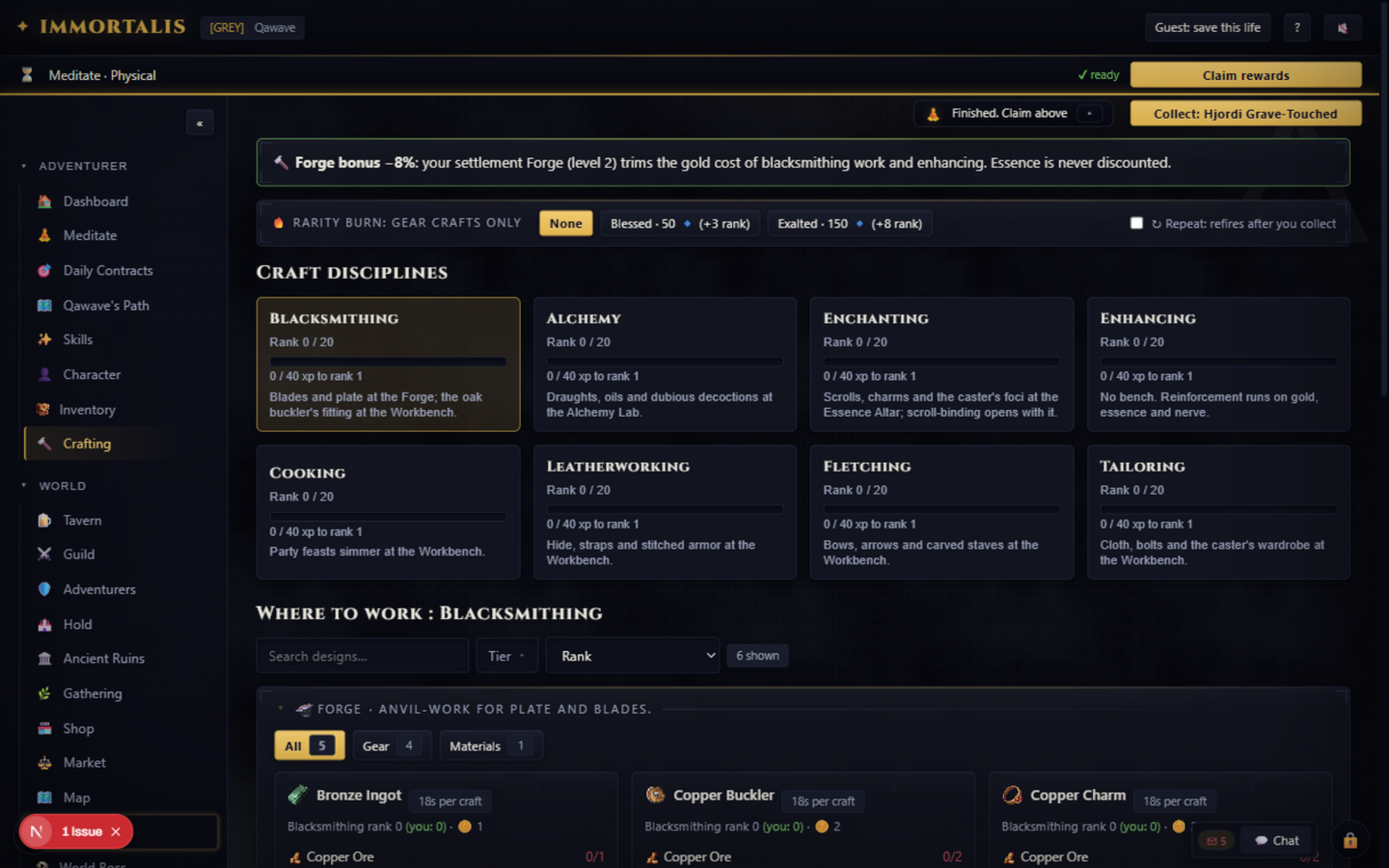 The crafting hall: seven disciplines with the forge board and a recipe preview open