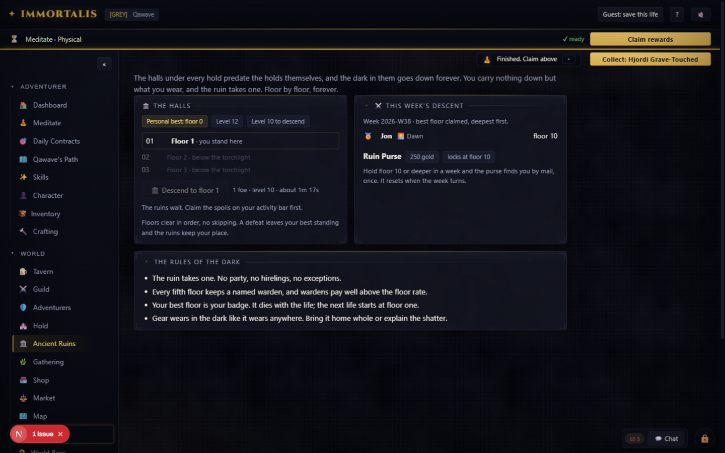 The Ancient Ruins delve: the floor ladder, the next warden, and the weekly descent record