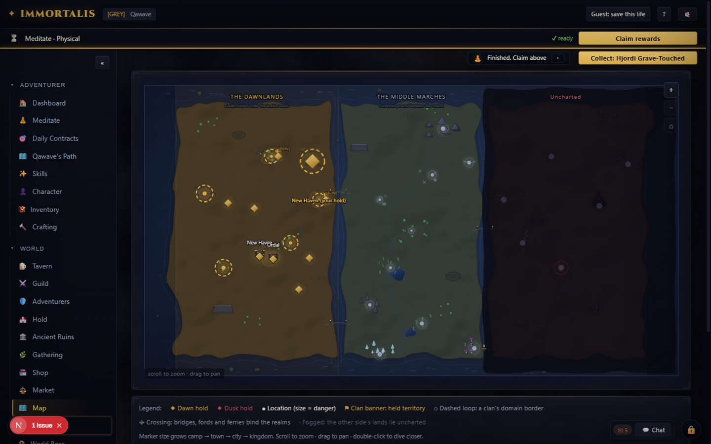 The realm map: hand-drawn terrain, region labels, player holds and fog of war over the far banner